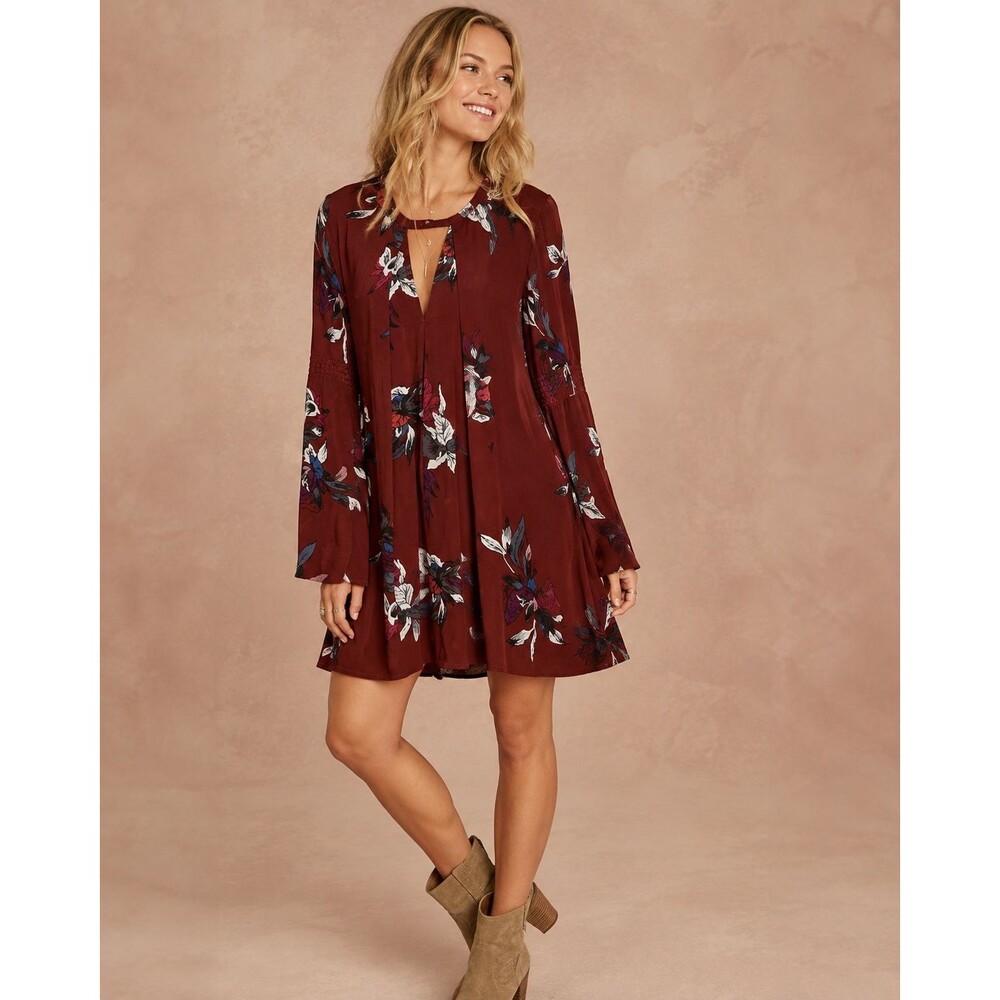 FREE PEOPLE Women's MEDIUM Swing Dress Burgundy Floral Orchid Boho Electric